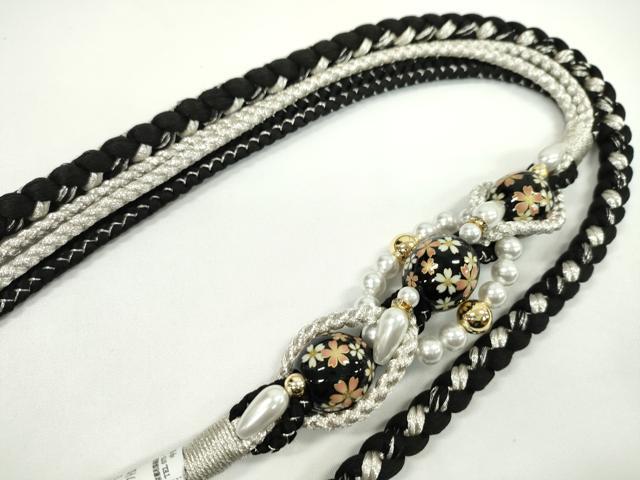 平和屋着物●和装小物　振袖用帯締め　飾り付き　パール　飾り玉　黒　銀糸　撚り房　逸品　未使用　CABC0977ju