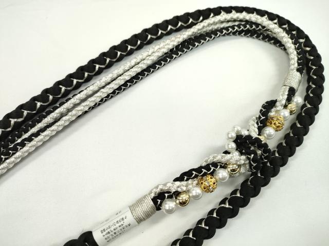 平和屋着物●和装小物　振袖用帯締め　飾り付き　パール　ビジュー　黒　銀糸　撚り房　逸品　未使用　CABC0979ju