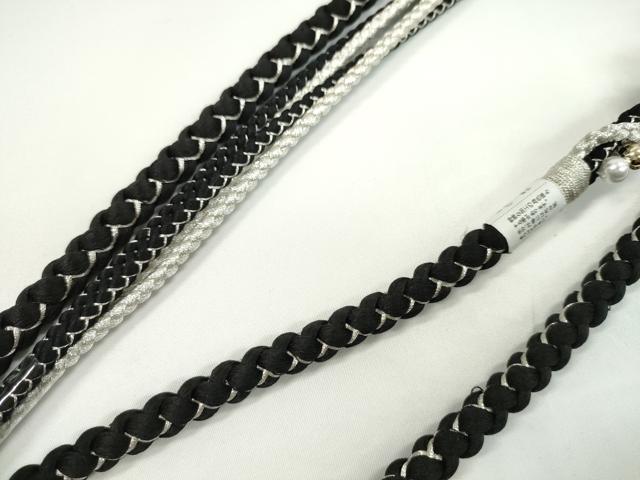 平和屋着物●和装小物　振袖用帯締め　飾り付き　パール　ビジュー　黒　銀糸　撚り房　逸品　未使用　CABC0979ju