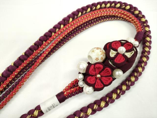 平和屋着物●和装小物 振袖用帯締め 飾り付き つまみ細工 花 飾り玉 パール 暗紅色 金糸 撚り房 逸品 未使用 CABC0980ju