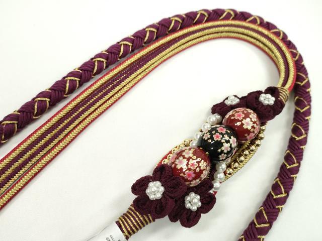 平和屋着物●和装小物　振袖用帯締め　飾り付き　つまみ細工　飾り玉　パール　暗紅色　金糸　撚り房　逸品　未使用　CABC0982ju