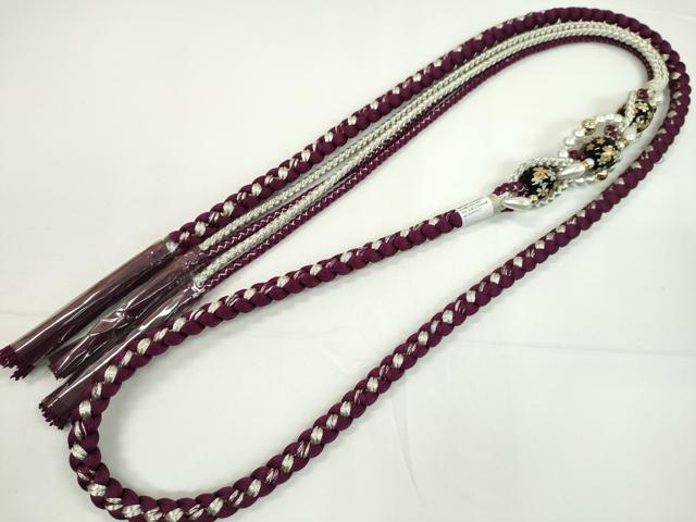 平和屋着物●和装小物 振袖用帯締め 飾り付き 飾り玉 パール 暗紅色 銀糸 撚り房 逸品 未使用 CABC0983ju