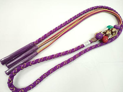 平和屋着物●和装小物 振袖用帯締め 飾り付き 縮緬花飾り 飾り玉 パール ロイヤルパープル 金糸 撚り房 逸品 未使用 CABC0986ju