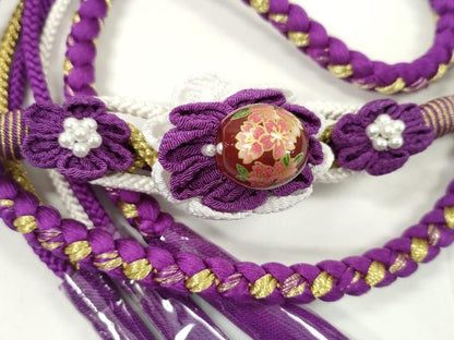 平和屋着物●和装小物 振袖用帯締め 飾り付き つまみ細工 飾り玉 パール ロイヤルパープル 金糸 撚り房 逸品 未使用 CABC0988ju