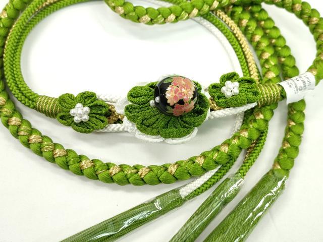 平和屋着物●和装小物 振袖用帯締め 飾り付き つまみ細工 花 飾り玉 パール 鶸萌黄色 金糸 撚り房 逸品 未使用 CABC0989ju
