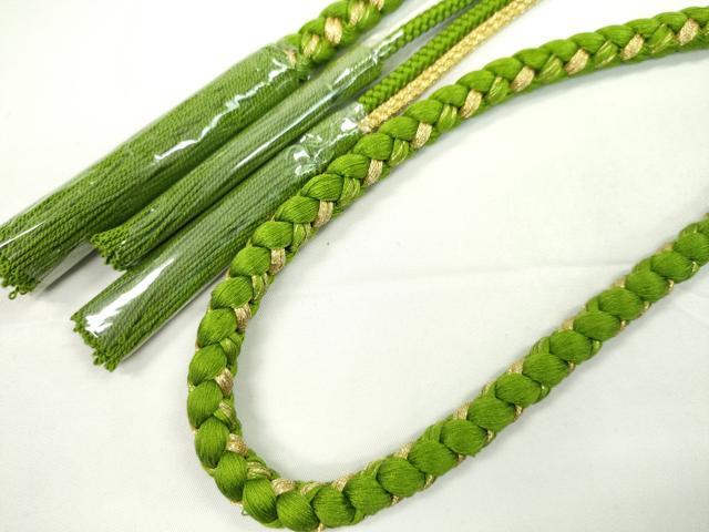 平和屋着物●和装小物 振袖用帯締め 飾り付き つまみ細工 花 飾り玉 パール 鶸萌黄色 金糸 撚り房 逸品 未使用 CABC0989ju
