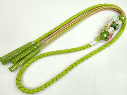 平和屋着物●和装小物 振袖用帯締め 飾り付き つまみ細工 飾り玉 パール 萌黄色 金糸 撚り房 逸品 未使用 CABC0990ju