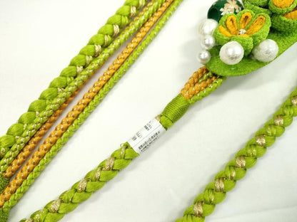 平和屋着物●和装小物 振袖用帯締め 飾り付き つまみ細工 花 飾り玉 パール 萌黄色 金糸 撚り房 逸品 未使用 CABC0992ju