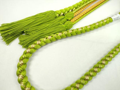 平和屋着物●和装小物 振袖用帯締め 飾り付き つまみ細工 花 飾り玉 パール 萌黄色 金糸 撚り房 逸品 未使用 CABC0992ju