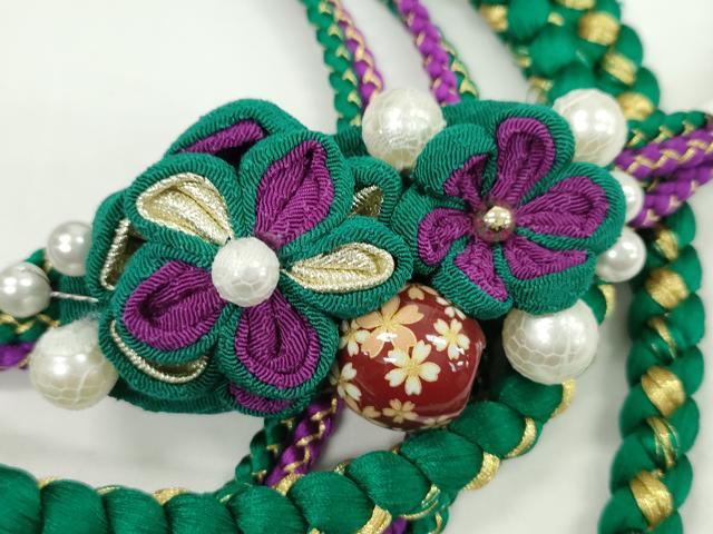 平和屋着物●和装小物 振袖用帯締め 飾り付き つまみ細工 花 飾り玉 パール 萌葱色 金糸 撚り房 逸品 未使用 CABC0995ju