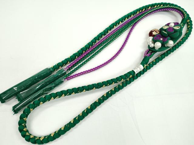平和屋着物●和装小物　振袖用帯締め　飾り付き　つまみ細工　花　飾り玉　パール　萌葱色　金糸　撚り房　逸品　未使用　CABC0996ju