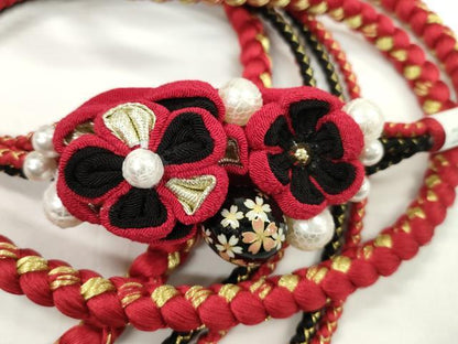 平和屋着物●和装小物　振袖用帯締め　飾り付き　つまみ細工　花　飾り玉　パール　赤×黒　金糸　撚り房　逸品　未使用　CABC0998ju