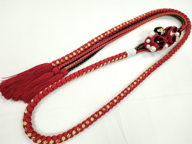 平和屋着物●和装小物　振袖用帯締め　飾り付き　つまみ細工　花　飾り玉　パール　赤×黒　金糸　撚り房　逸品　未使用　CABC0998ju