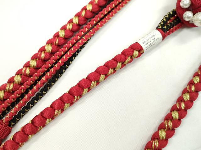 平和屋着物●和装小物　振袖用帯締め　飾り付き　つまみ細工　花　飾り玉　パール　赤×黒　金糸　撚り房　逸品　未使用　CABC0998ju