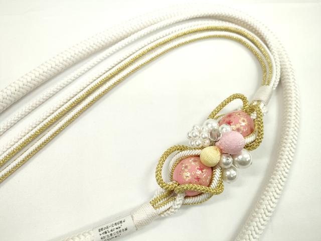 平和屋着物●和装小物　振袖用帯締め　飾り付き　飾り玉　パール　白　金糸　切り房　逸品　未使用　CABC1008ju