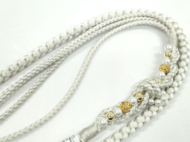平和屋着物●和装小物　振袖用帯締め　飾り付き　パール　ビジュー　乳白色　銀糸　切り房　逸品　未使用　CABC1014ju
