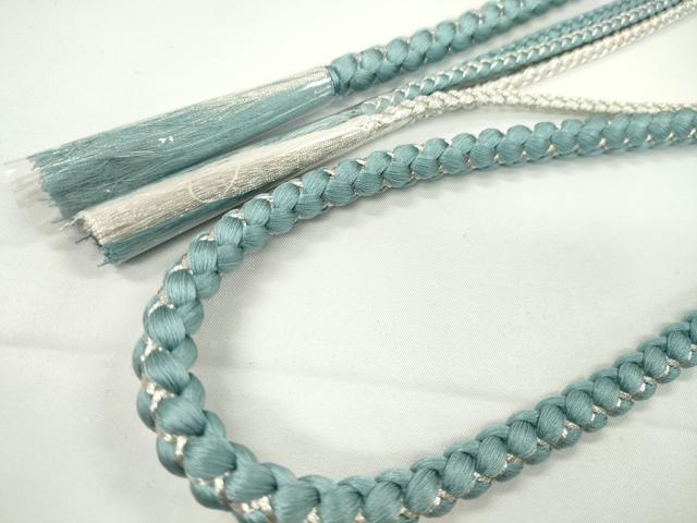 平和屋着物●和装小物　振袖用帯締め　飾り付き　パール　ビジュー　浅縹色　銀糸　切り房　逸品　未使用　CABC1017ju
