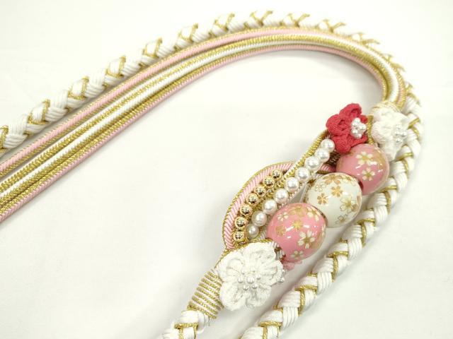 平和屋着物●和装小物　振袖用帯締め　飾り付き　つまみ細工　花　飾り玉　パール　白　金糸　撚り房　逸品　未使用　CABC1019ju