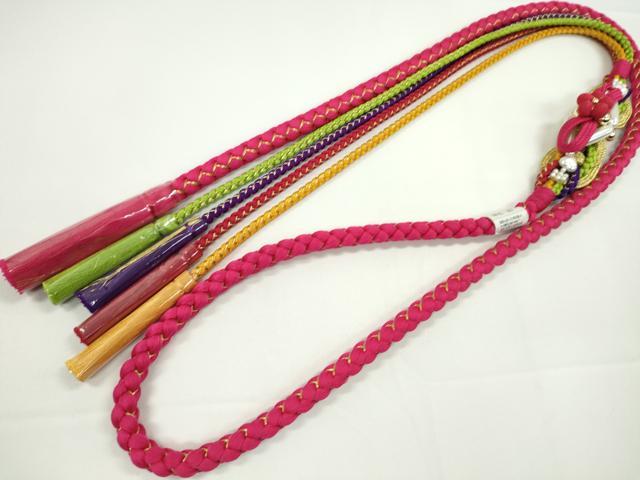 平和屋着物●和装小物　振袖用帯締め　飾り付き　縮緬花飾り　パール　ハート　ビビットラズベリー　金糸　切り房　逸品　未使用CABC1020ju