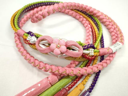 平和屋着物●和装小物　振袖用帯締め　飾り付き　縮緬花飾り　パール　ハート　桃色　金糸　切り房　逸品　未使用　CABC1022ju