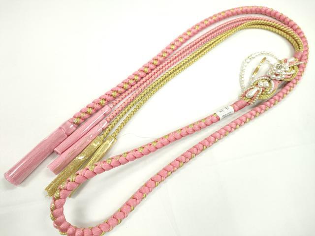 平和屋着物●和装小物　振袖用帯締め　飾り付き　パール　ビジュー　桃色　金糸　切り房　逸品　未使用　CABC1024ju