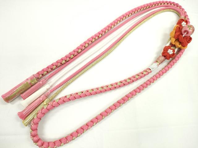 平和屋着物●和装小物 振袖用帯締め 飾り付き つまみ細工 飾り玉 パール 花 真朱色 金糸 切り房 逸品 未使用 CABC1025ju