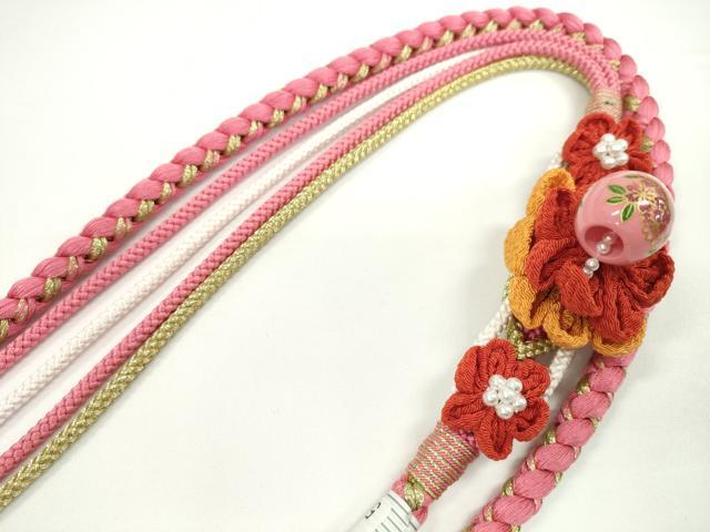平和屋着物●和装小物 振袖用帯締め 飾り付き つまみ細工 飾り玉 パール 花 真朱色 金糸 切り房 逸品 未使用 CABC1025ju