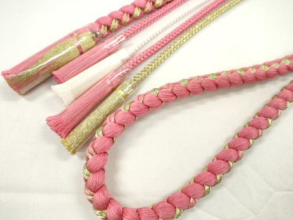 平和屋着物●和装小物 振袖用帯締め 飾り付き つまみ細工 飾り玉 パール 花 真朱色 金糸 切り房 逸品 未使用 CABC1025ju