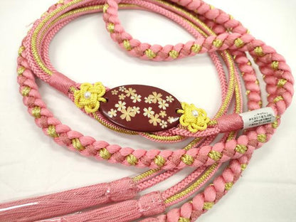 平和屋着物●和装小物　振袖用帯締め　飾り付き　舞桜　パール　桃色　金糸　撚り房　逸品　未使用　CABC1026ju