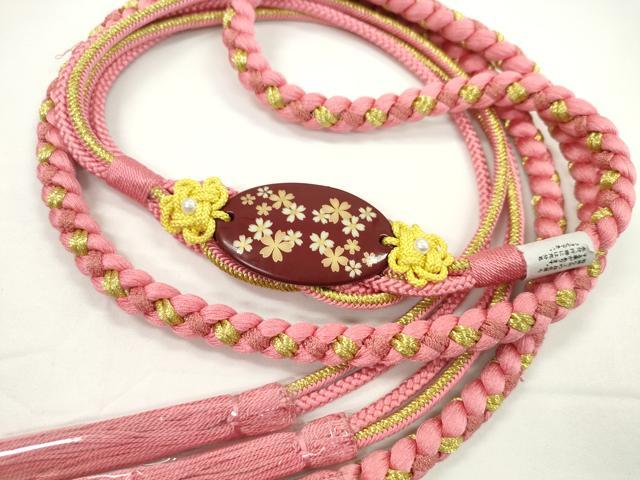平和屋着物●和装小物　振袖用帯締め　飾り付き　舞桜　パール　桃色　金糸　撚り房　逸品　未使用　CABC1026ju