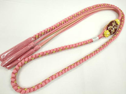 平和屋着物●和装小物　振袖用帯締め　飾り付き　舞桜　パール　桃色　金糸　撚り房　逸品　未使用　CABC1026ju