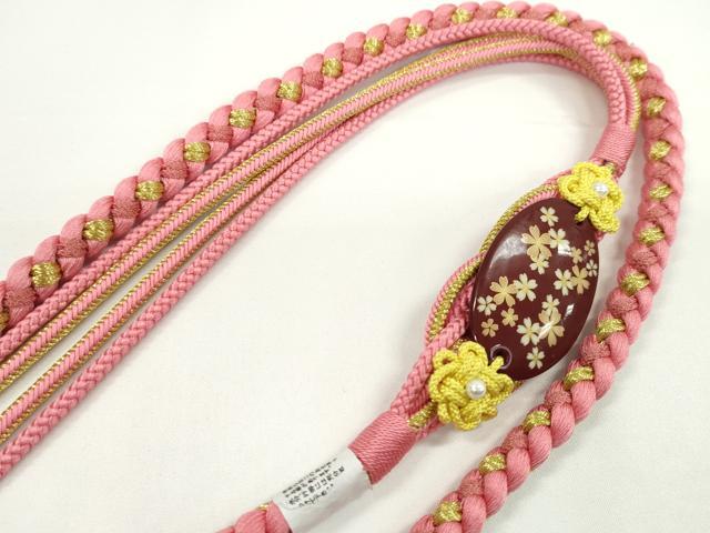 平和屋着物●和装小物　振袖用帯締め　飾り付き　舞桜　パール　桃色　金糸　撚り房　逸品　未使用　CABC1026ju