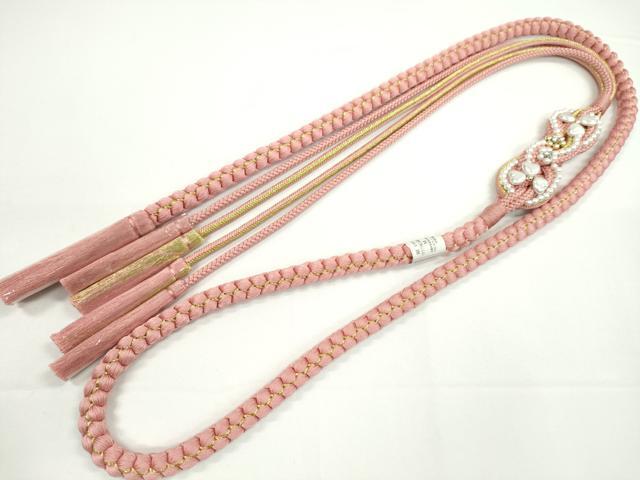 平和屋着物●和装小物　振袖用帯締め　飾り付き　パール　ハート　ビジュー　花　薄紅色　金糸　切り房　逸品　未使用　CABC1035ju
