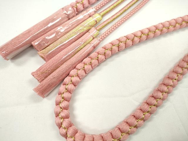 平和屋着物●和装小物　振袖用帯締め　飾り付き　パール　ハート　ビジュー　花　薄紅色　金糸　切り房　逸品　未使用　CABC1035ju