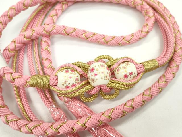 平和屋着物●和装小物　振袖用帯締め　飾り付き　飾り玉　舞桜　桃色　金糸　撚り房　逸品　未使用　CABC1036ju