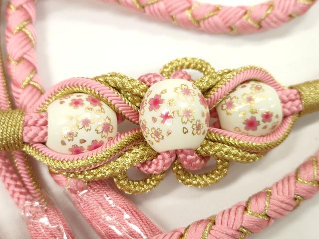 平和屋着物●和装小物　振袖用帯締め　飾り付き　飾り玉　舞桜　桃色　金糸　撚り房　逸品　未使用　CABC1036ju
