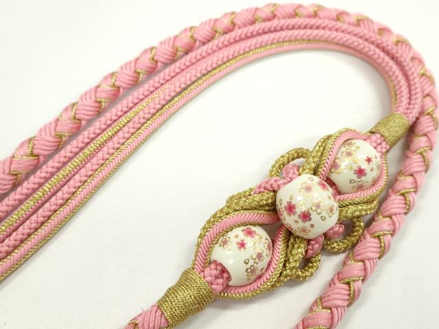 平和屋着物●和装小物　振袖用帯締め　飾り付き　飾り玉　舞桜　桃色　金糸　撚り房　逸品　未使用　CABC1036ju
