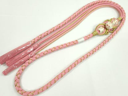 平和屋着物●和装小物　振袖用帯締め　飾り付き　飾り玉　舞桜　桃色　金糸　撚り房　逸品　未使用　CABC1036ju