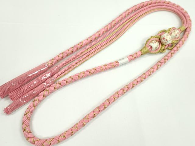 平和屋着物●和装小物　振袖用帯締め　飾り付き　飾り玉　舞桜　桃色　金糸　撚り房　逸品　未使用　CABC1036ju