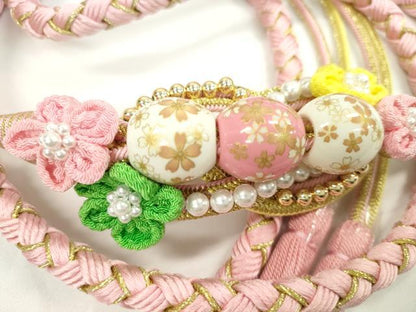 平和屋着物●和装小物　振袖用帯締め　飾り付き　つまみ細工　飾り玉　花　パール　薄ピンク　金糸　撚り房　逸品　未使用　CABC1039ju