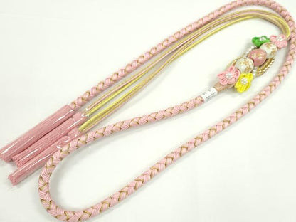 平和屋着物●和装小物　振袖用帯締め　飾り付き　つまみ細工　飾り玉　花　パール　薄ピンク　金糸　撚り房　逸品　未使用　CABC1039ju