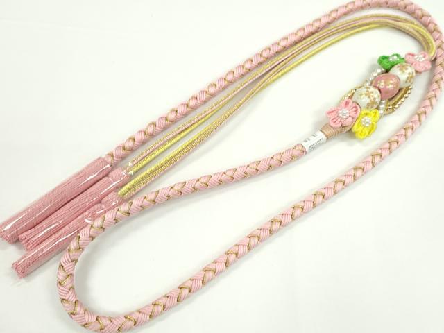 平和屋着物●和装小物　振袖用帯締め　飾り付き　つまみ細工　飾り玉　花　パール　薄ピンク　金糸　撚り房　逸品　未使用　CABC1039ju