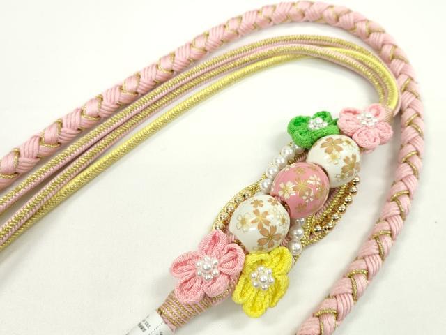 平和屋着物●和装小物　振袖用帯締め　飾り付き　つまみ細工　飾り玉　花　パール　薄ピンク　金糸　撚り房　逸品　未使用　CABC1039ju