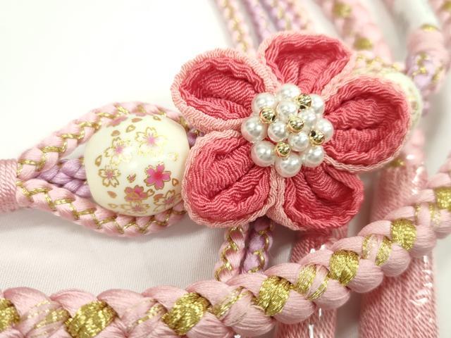 平和屋着物●和装小物　振袖用帯締め　飾り付き　つまみ細工　飾り玉　花　パール　薄ピンク　金糸　撚り房　逸品　未使用　CABC1040ju