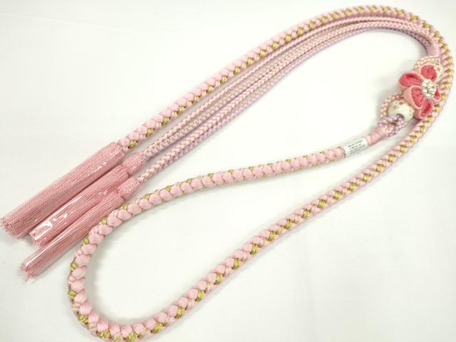 平和屋着物●和装小物　振袖用帯締め　飾り付き　つまみ細工　飾り玉　花　パール　薄ピンク　金糸　撚り房　逸品　未使用　CABC1040ju