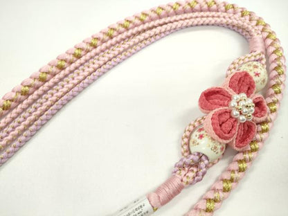 平和屋着物●和装小物　振袖用帯締め　飾り付き　つまみ細工　飾り玉　花　パール　薄ピンク　金糸　撚り房　逸品　未使用　CABC1040ju