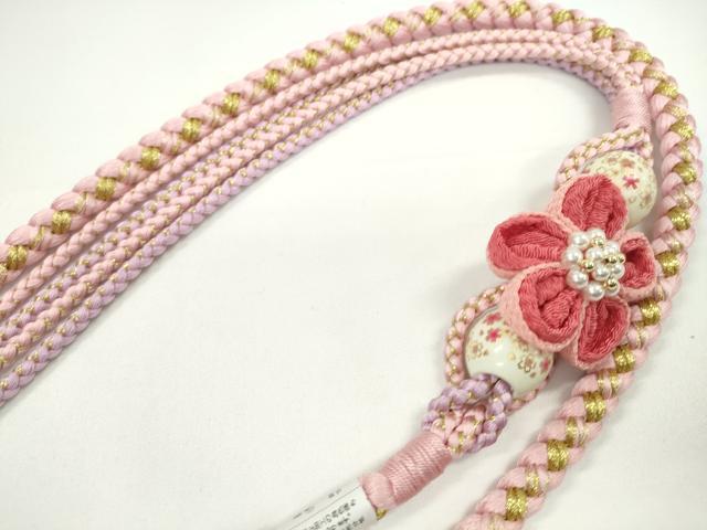 平和屋着物●和装小物　振袖用帯締め　飾り付き　つまみ細工　飾り玉　花　パール　薄ピンク　金糸　撚り房　逸品　未使用　CABC1040ju