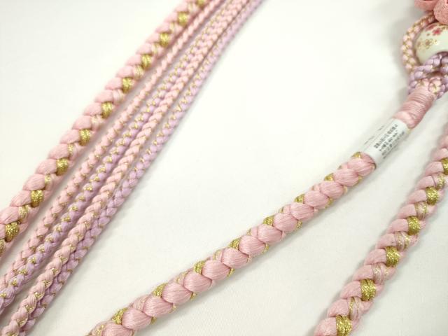 平和屋着物●和装小物　振袖用帯締め　飾り付き　つまみ細工　飾り玉　花　パール　薄ピンク　金糸　撚り房　逸品　未使用　CABC1040ju