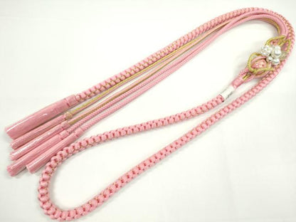 平和屋着物●和装小物　振袖用帯締め　飾り付き　パール　飾り玉　ピンク　金糸　切り房　逸品　未使用　CABC1041ju
