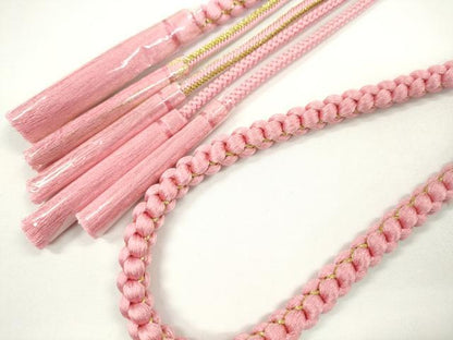 平和屋着物●和装小物　振袖用帯締め　飾り付き　パール　飾り玉　ピンク　金糸　切り房　逸品　未使用　CABC1041ju